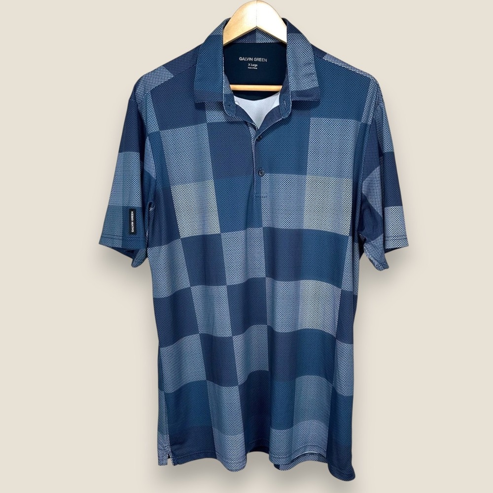 Galvin Green Performance Polo Golf Shirt Men XL Blue Navy Checkered Wicking